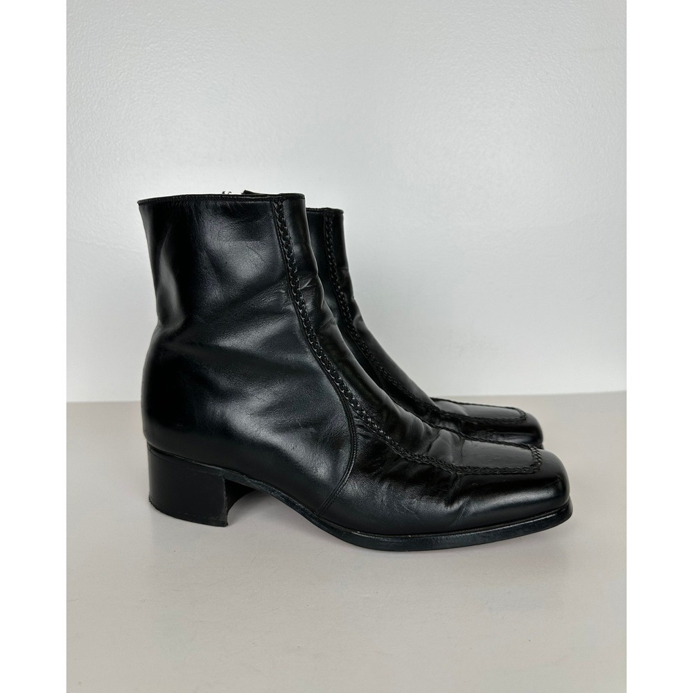 JCPenney Women's 90s Y2K Black Leather Square Toe Block Heel Ankle Boots 8.5 B